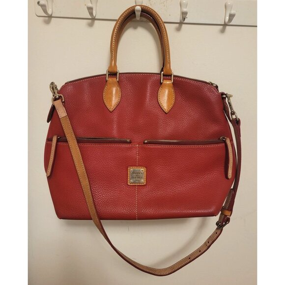 Dooney & Bourke Handbags - Dooney & Bourke Red Leather Satchel Handbag Tan Trim 2 handle & Shoulder Strap